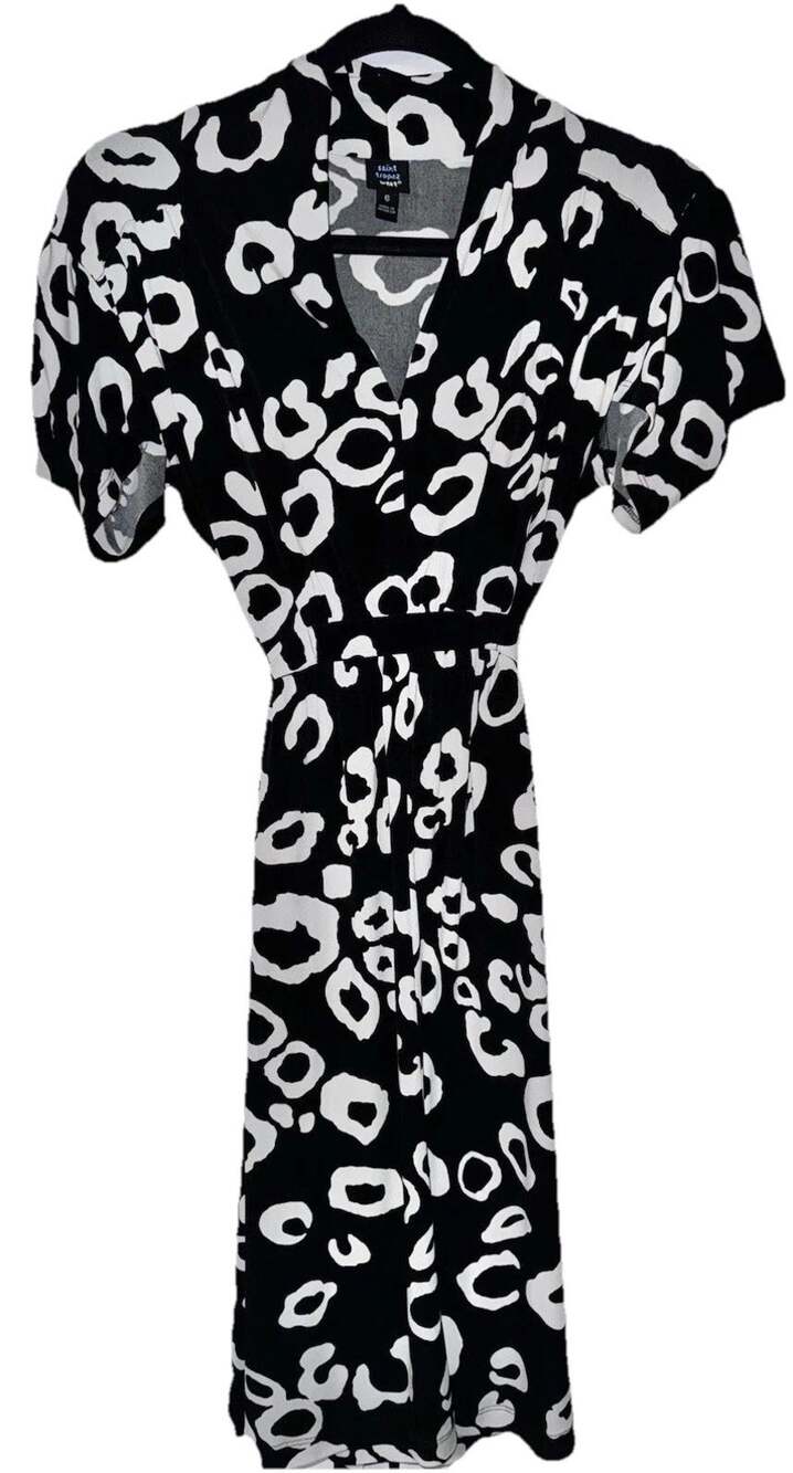 St Tropez West Sz 6 VTG V Neck Tie Waist Wrap Dress Short Sleeve Stretch Knit